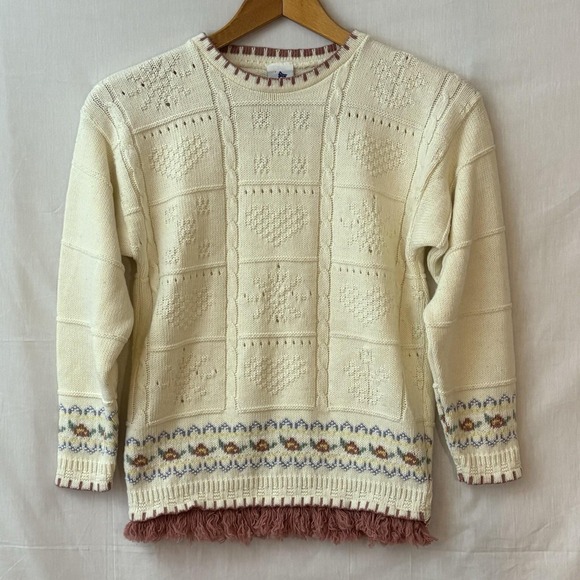 Vintage Adriella Sweater Women's Small Cream Heart Knit Fringe Hem Cottagecore - Picture 1 of 4